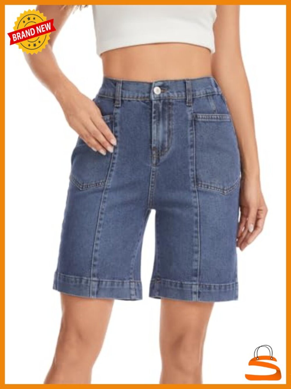 High Waisted Stretchy Denim Bermuda Shorts Vintage Patch Pocket Casual Summer